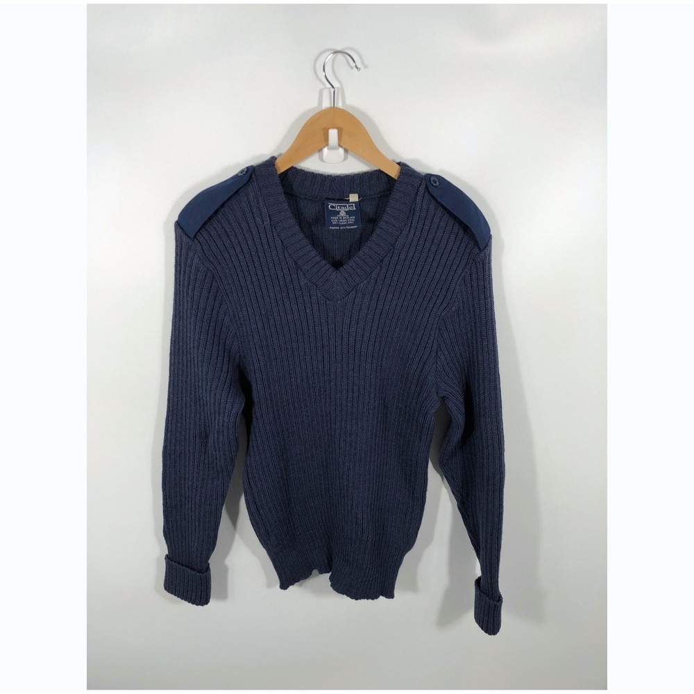 VTG Citadel Made In England 100% Wool V Neck Sweater Mens 40 Blue Elbow Patches